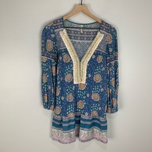 Free People Blue Floral Lace Vneck Tunic Dress